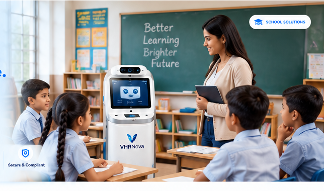 Teacher and students interacting with a VHRNova physical AI interface in a classroom